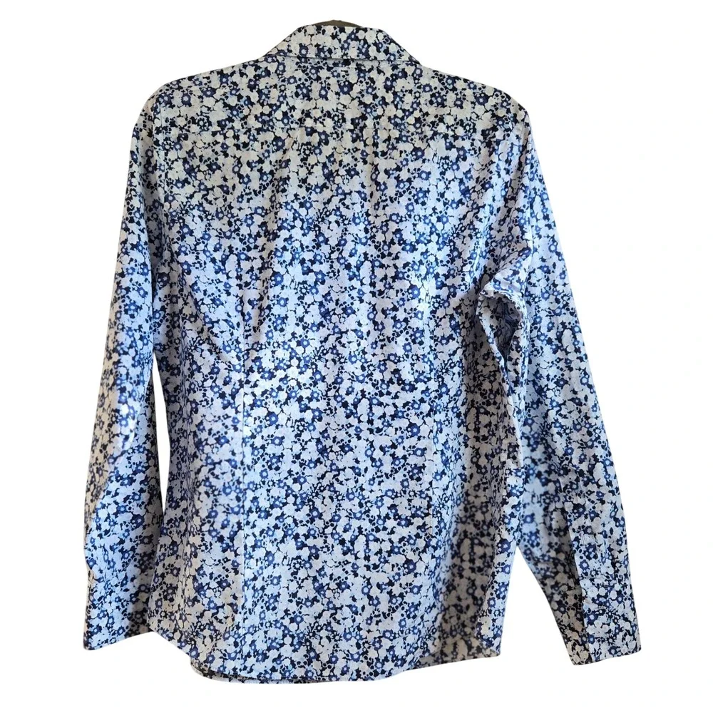 Lands End Womens 12 No Iron Supima Cotton Floral Button Down Shirt Blue White
